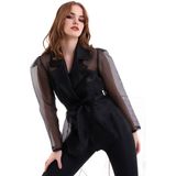 Mois Atelier Siyah Kuşaklı Organze Şifon Tül Kadın Ceket, Tasarım, Hediye, Büyük Beden, Tesettür