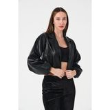 Mois Atelier Siyah Suni Deri Crop Ceket Balon Kol Tasarım Büyük Beden Tesettür Bayramlık - XL