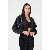 Mois Atelier Siyah Suni Deri Crop Ceket Balon Kol Tasarım Büyük Beden Tesettür Bayramlık