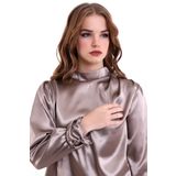 Mois Atelier Vizon Saten Büzgülü-pileli Bluz Gömlek Tasarım Hediye Büyük Beden Tesettür