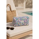 Moisare Makyaj Çantası Kapitoneli Organizer - Seyahat Kozmetik Düzenleyici Fermuarlı Çok Amaçlı Kadın Çantası 20X10X7 cm - Mavi - Bej
