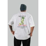 Mojıto Kokteyl Baskılı Oversize T-Shirt Erkek Kadın %100 Pamuk Bisiklet Yaka Tişort - Beyaz - XL