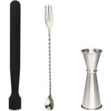 Mojito Tokmağı Siyah 20.7 cm Çatallı Kaşık 30 cm Jigger 3/6 cl Tokmak Bar Tokmağı Kokteyl Jigger