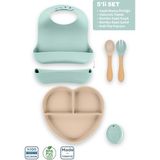 Moki Silikon 5'li Set Latte Bej-Spring Yeşil / Mama Önlüğü, Mama Tabağı, Bambu Saplı Mama Kaşığı ve Çatalı, Kuki Diş Kaşıyıcı