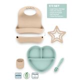 Moki Silikon 5'Li Set Latte Bej-Spring Yeşil / Önlük, Tabak, Bandırma Kaşığı, Bardak, Diş Kaşıyıcı