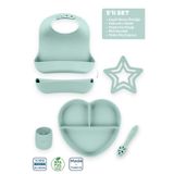 Moki Silikon 5'Li Set Spring Yeşil / Mama Önlüğü, Mama Tabağı, Bandırma Kaşığı, Mini Bardak, Diş Kaşıyıcı