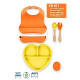 Moki Silikon 5'Li Set Sunset Turuncu-Sunrise Sarı / Önlük, Tabak, Kaşık, Çatal, Diş Kaşıyıcı