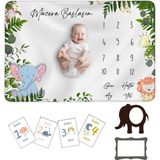 Moky Design Bebek Hediyelik Aylık Anı Battaniyesi, 150 x 100 cm, Bebek Yeni doğan Aylık Anı Kartı 12 Adet, Özel Kesim Keçe Çerçeveler, Yeni Doğan Hediye Seti