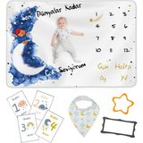 Moky Design Erkek Bebek Yenidoğan Hediyesi Anı Battaniyesi 150 x 100 cm Anı Kartları, Bebek Önlüğü, 5'li Set - Beyaz - Mavi
