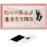 Moky Design Yenidoğan Bebek Ilk Fotoğrafım Aylık Anı Çerçevesi (38X23CM) Birinci Yıl, Büyük Boy El Ayak Izi Kiti - Pembe