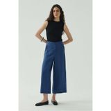 Molene Saks Mavisi Kesik Detaylı Crop Keten Pantolon