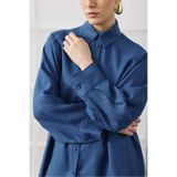 Molene Saks Mavisi Oversize Basic Keten Gömlek