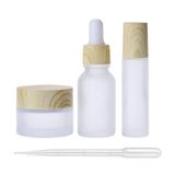 mollensiuer 3 adet boş saydam buzlu cam kozmetik kapları ahşap tahıl kapağı, 1 30ml yuvarlak kavanoz+1 20ml göz damlalık şişeler+1 10ml rulo şişe uçucu yağ aromaterapi parfüm cilt bakımı sıvı