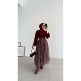 Molly Nelly Kadın Etnik Baskılı Polyester Şifon Astarlı Etek Bordo Uzun Lastikli Bel - 36 - 38