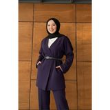 Molly Nelly Kadın Kemerli Kimono Astarlı Ceket Uzun Kollu Lacivert Pamuk Polyester Modern Tasarım - 1