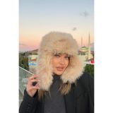 mollycrush Luxury Uzun Tüylü Suni Kürklü Peluş Tüylü Pilot Şapka, Standart, uzuntüylüpilotspkamolly, Bej, Kadın