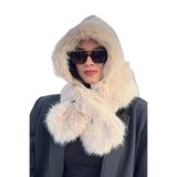 mollycrush Peluş Boyun Bağlamalı Şapka Bere Suni Kürklü Özel Tasarım Atkılı Şapkası, Standart, Mollyatkısapkabırlesik, Bej, Kadın