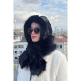 mollycrush Peluş Boyun Bağlamalı Şapka Bere Suni Kürklü Özel Tasarım Atkılı Şapkası, Standart, Mollyatkısapkabırlesik, Siyah, Kadın