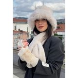 mollycrush Peluş Bucket Kalpak Atkı Eldiven 3'Lü Set Kışlık Suni Kürk, Standart, Mollybucketuzunset, Bej, Kadın