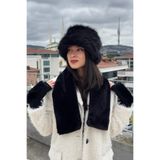 mollycrush Peluş Bucket Kalpak Atkı Eldiven 3'Lü Set Kışlık Suni Kürk, Standart, Mollybucketuzunset, Siyah, Kadın