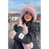 mollycrush Suni Kürk Bucket Kalpak Atkı Eldiven 3'Lü Set Kışlık Peluş, Standart, Mollybucketkısaset, Pembe, Kadın