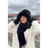 mollycrush Suni Kürk Bucket Kalpak Atkı Eldiven 3'Lü Set Kışlık Peluş, Standart, Mollybucketkısaset, Siyah, Kadın