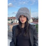 mollycrush Suni Kürk Bucket Kalpak Şapka Peluş Kışlık Luxury Şapkası, Standart, Uzuntuylubucketmolly, Gri, Kadın