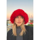 mollycrush Suni Kürklü Peluş Bucket Kalpak Şapka Luxury Rus Slav Tarzı, Standart, kısatuylubucketsapka, Kırmızı, Kadın