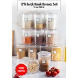 Molvea 12'Li Barok Yuvarlak Büyük Kavanoz Seti & Saklama Kabı & Erzak Kabı (12 Adet 2000 Ml) - Şeffaf - 2 lt
