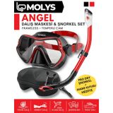Molys Angel Dalış Maskesi + Antı Fog Buğu Önleyici Film + Pro Full Dry Tam Kuru Şnorkel + Maske Koruma Kutusu Set Halinde Siyah - Kırmızı