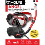 Molys Angel Dalış Maskesi + Antı Fog (Buğu Önleyici Film) + Pro Full Dry Tam Kuru Şnorkel + Maske Kutusu Set - Siyah - Kırmızı