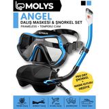 Molys Angel Dalış Maskesi + Antı Fog (Buğu Önleyici Film) + Pro Full Dry Tam Kuru Şnorkel + Maske Kutusu Set - Siyah - Mavi