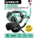 Molys Angel Dalış Maskesi + Antı Fog (Buğu Önleyici Film) + Pro Full Dry Tam Kuru Şnorkel + Maske Kutusu Set - Siyah - Turkuaz