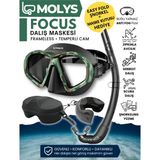 Molys Focus Dalış Maskesi + Antı Fog (Buğu Önleyici Film) + Katlanabilir Şnorkel + Maske Kutusu - Yeşil
