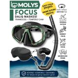 MOLYS FOCUS DALIŞ MASKESİ + ANTI FOG (BUĞU ÖNLEYİCİ FİLM) + KATLANABİLİR ŞNORKEL + MASKE KUTUSU, Yosun Kamuflajı