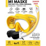 Molys M1 Junıor Kıds Dalış Maskesi + Pro Full Dry Tam Kuru Şnorkel + Maske Kutusu + Antı Fog (Buğu Önleyici Film) Set - Güneş Sarısı