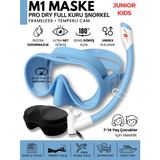 Molys M1 Junıor Kıds Dalış Maskesi + Pro Full Dry Tam Kuru Şnorkel + Maske Kutusu + Antı Fog (Buğu Önleyici Film) Set - Safir Mavisi