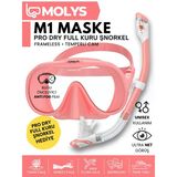 MOLYS M1 PROFESYONEL DALIŞ MASKESİ + PRO FULL DRY TAM KURU ŞNORKEL + FREE DOM ANTI FOG BUĞU ÖNLEYİCİ FİLM, Mercan Pembe