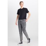 Mom Fit Yüksek Bel Dar Paça Açık Gri Pamuklu Esnek Jean Denim Pantolon