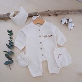 Momand Design Erkek Bebek Hastane Çıkışı Müslin Tulum Şapka Eldiven Önlük Seti (kişiselleştirilebilir.) - 0 - 3 Ay - Bej