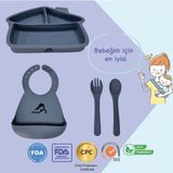 Momia Bebek "Momia Bebek Silikon Beslenme Mama Seti - Sağlıklı ve Renkli!" set 5 - bebek yemek tabağı , bebek mama önlüğü , bebek kaşık çatal - Mavi