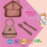 Momia Bebek "Momia Bebek Silikon Beslenme Mama Seti - Sağlıklı ve Renkli!" set 5 - bebek yemek tabağı , bebek mama önlüğü , bebek kaşık çatal - Pembe