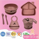 "Momia Bebek Silikon Beslenme Mama Seti - Sağlıklı ve Renkli!" set 1 - bebek yemek tabağı , bebek mama önlüğü , bebek mama kasesi , bebek atıştırmalık kap , bebek kaşık çatal - Pembe