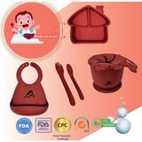 "Momia Bebek Silikon Beslenme Mama Seti - Sağlıklı ve Renkli!" set 3 - bebek yemek tabağı , bebek mama önlüğü , bebek atıştırmalık kap , bebek kaşık çatal - Kırmızı