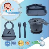 "Momia Bebek Silikon Beslenme Mama Seti - Sağlıklı ve Renkli!" set 3 - bebek yemek tabağı , bebek mama önlüğü , bebek atıştırmalık kap , bebek kaşık çatal - Mavi