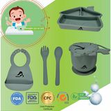 "Momia Bebek Silikon Beslenme Mama Seti - Sağlıklı ve Renkli!" set 3 - bebek yemek tabağı , bebek mama önlüğü , bebek atıştırmalık kap , bebek kaşık çatal - Yeşil