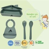 "Momia Bebek Silikon Beslenme Mama Seti - Sağlıklı ve Renkli!" set 5 - bebek mama tabağı , bebek mama önlüğü , bebek kaşık çatal - Yeşil