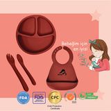 "Momia Bebek Silikon Beslenme Mama Seti - Sağlıklı ve Renkli!" set 6 - bebek mama tabağı , bebek mama önlüğü , bebek kaşık çatal - Kırmızı