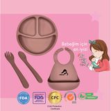 "Momia Bebek Silikon Beslenme Mama Seti - Sağlıklı ve Renkli!" set 6 - bebek mama tabağı , bebek mama önlüğü , bebek kaşık çatal - Pembe