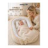 Mommyslab 3 Parça Babynest Set, %100 Pamuk, Yatak + Yastık + Örtü, Ekru Müslin, 70 x 110 cm